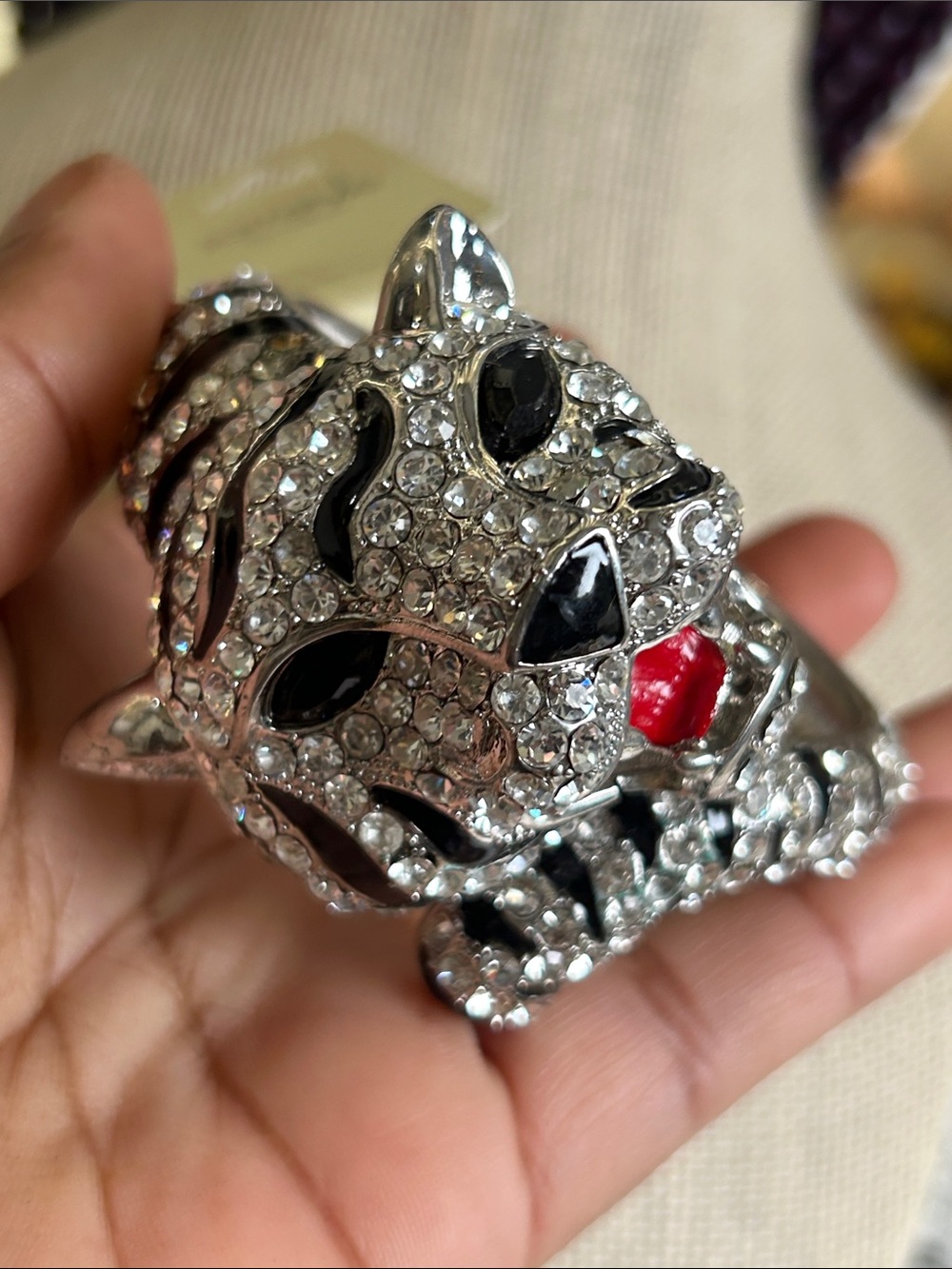 Crystal-Embellished Tiger Cuff Bracelet — Silver with Black and Red Accents